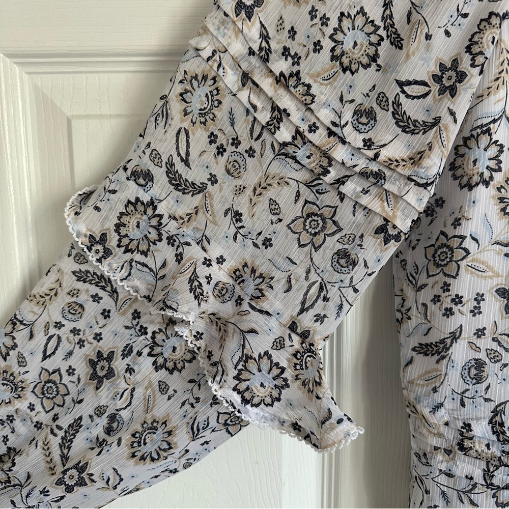 Ann Taylor Womens S Puff Sleeve Semi Sheer Ruffle Floral Top Boho Cottagecore - Picture 3 of 14